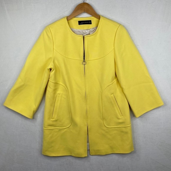 Zara Yellow Round Neck Full Zip Tailored Coat 3/4 Length Sleeves Size Medium - Picture 4 of 10